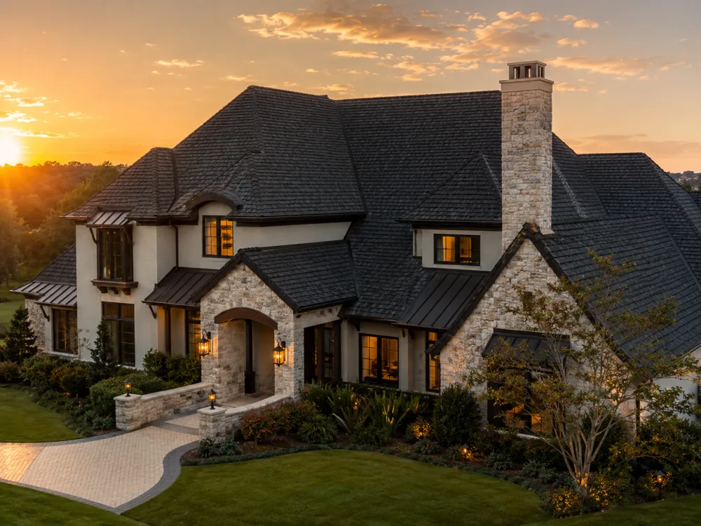 Luxury North Texas home with new roof at twilight