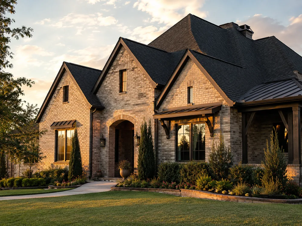 Brick home with completed dark shingle roof